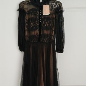 Black Lace Overlay Long Sleeve Dress